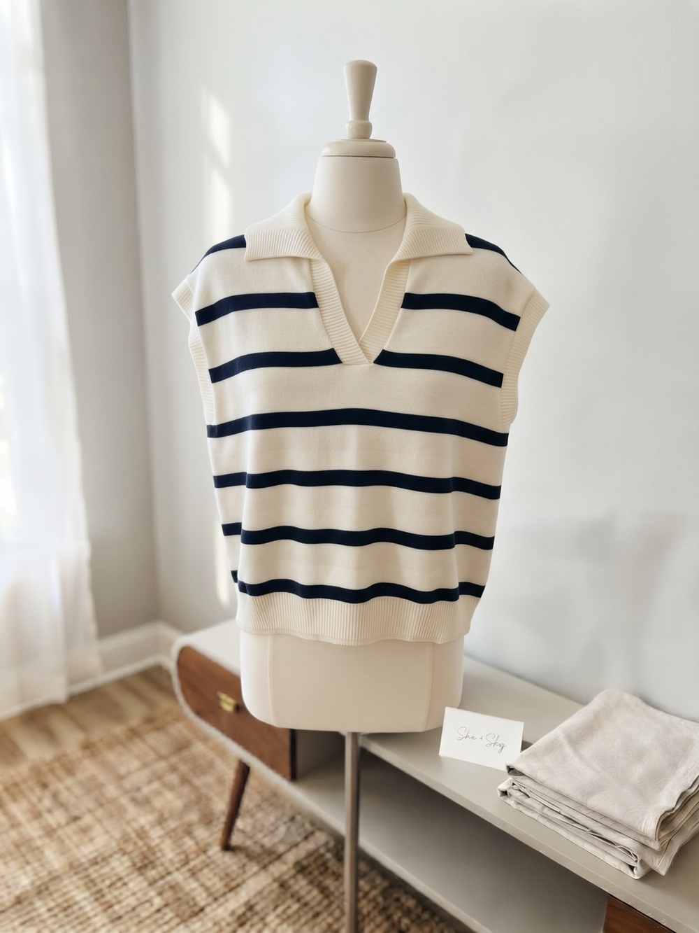 She + Sky White and Navy Striped V-Neck Sweater Vest